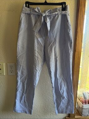 Zara Blue & White Striped Tie-Waist Cotton Trouser